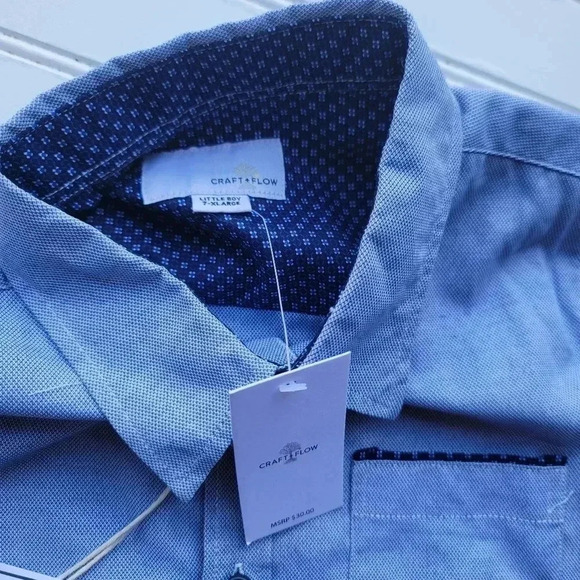 NWT Craft+Flow Casual Blue Short Sleeve Button Down Shirt Boys Sz 7 - Picture 2 of 9